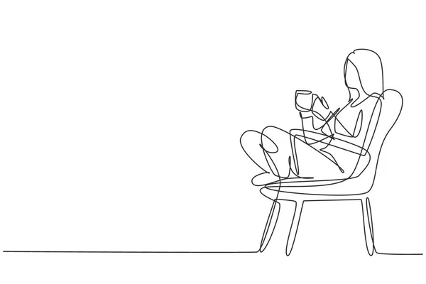 Continuous One Line Drawing Tea Time Relaxed Beautiful Girl Sitting —  Vetores de Stock