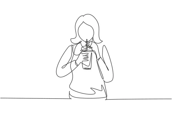 Single Continuous Line Drawing Beautiful Woman Hold Plastic Cup Drink —  Vetores de Stock