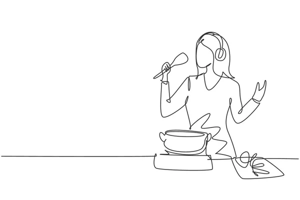 Single Continuous Line Drawing Beautiful Wife Begin Prepare Family Dinner — Image vectorielle
