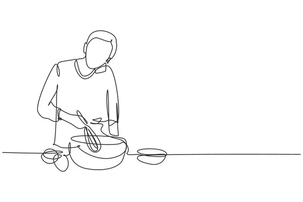 One Continuous Line Drawing Man Talks Smartphone While Preparing Dinner — стоковый вектор