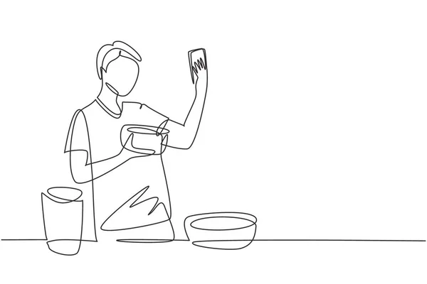 Single Continuous Line Drawing Handsome Male Taking Selfie Making Video — Image vectorielle