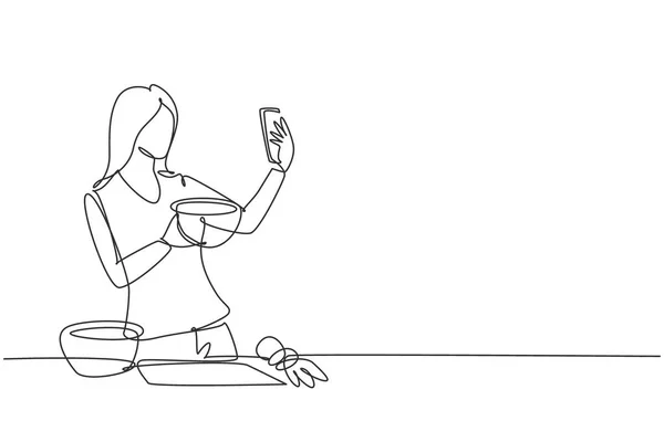 Continuous One Line Drawing Pretty Housewife Taking Selfie Making Video — Image vectorielle