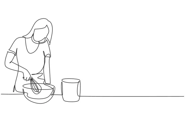 Continuous One Line Drawing Woman Talks Smartphone While Preparing Dinner — Image vectorielle