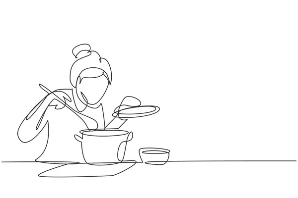 Continuous One Line Drawing Beautiful Housewife Enjoying Smell Cooking Pot — ストックベクタ