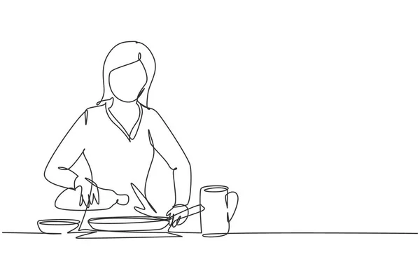 Continuous One Line Drawing Beautiful Woman Pouring Cooking Oil Bottle — Image vectorielle