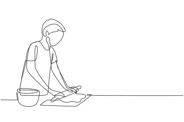 Single Continuous Line Drawing Young Man Making Cookie Dough Using — Image vectorielle