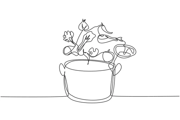 Single One Line Drawing Pot Sprinkled Food Ingredients Vegetables Meat — Διανυσματικό Αρχείο