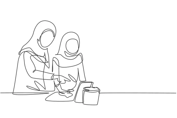Eine Durchgehende Linie Zeichnet Arabische Mutter Und Tochter Beim Gemeinsamen — Stockvektor