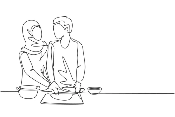 Continuous One Line Drawing Romantic Arab Couple Looking Each Other - Stok Vektor
