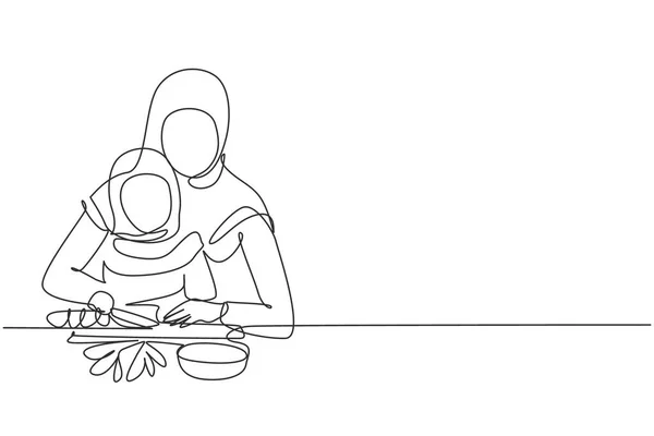 Single Continuous Line Drawing Arabian Mother Teaching Her Little Daughter — Image vectorielle