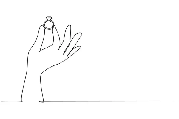 Single Continuous Line Drawing Woman Hand Holding Diamond Ring Groom — Διανυσματικό Αρχείο