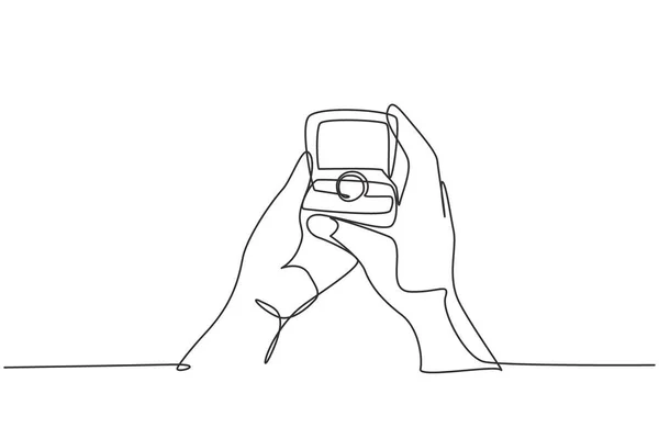 Single Continuous Line Drawing Female Hand Holding Red Box Gold — Stockový vektor