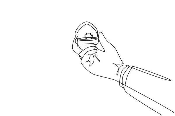 Single Continuous Line Drawing Hand Holding Box Wedding Ring Groom — Διανυσματικό Αρχείο