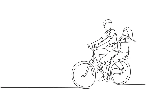 Single Continuous Line Drawing Couple Have Fun Riding Bike Romantic — Stockový vektor