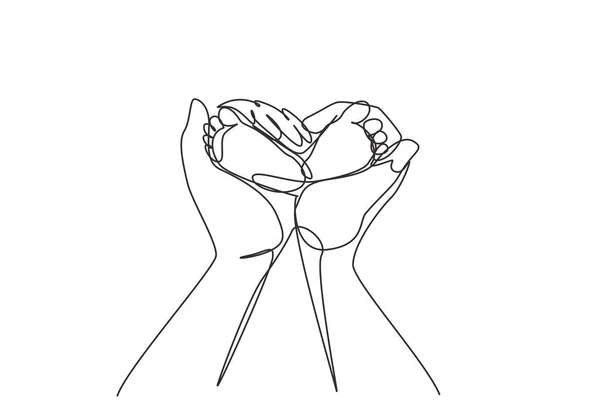 Single Continuous Line Drawing Baby Foot Hold Mother Hand Finger — Vettoriale Stock