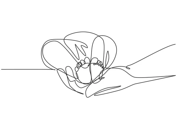 Single Continuous Line Drawing Baby Feet Mother Hands Tiny Newborn — Stockový vektor