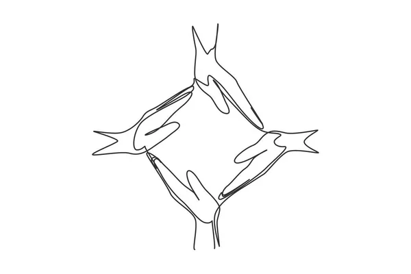 Continuous One Line Drawing Four Palm Hands Make Square Frame — Image vectorielle