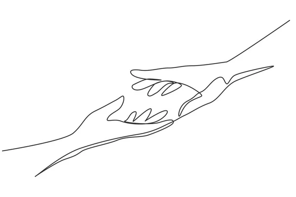 Continuous One Line Drawing Two Hands Reaching Each Other Sign — Wektor stockowy