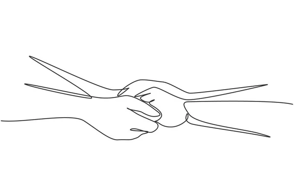 Single One Line Drawing Two Hands Holding Each Other Sign — Vettoriale Stock
