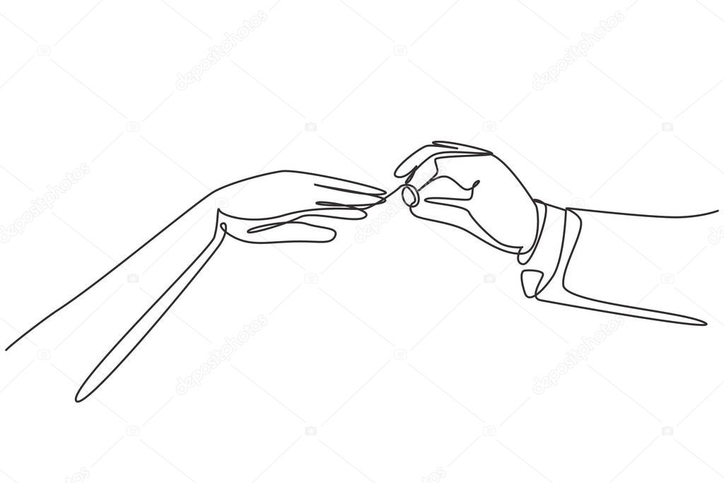 Single one line drawing groom puts ring on finger of bride. Bride and groom make vow of loyalty on their wedding day. Marriage ceremony celebration concept. Modern continuous line draw design graphic
