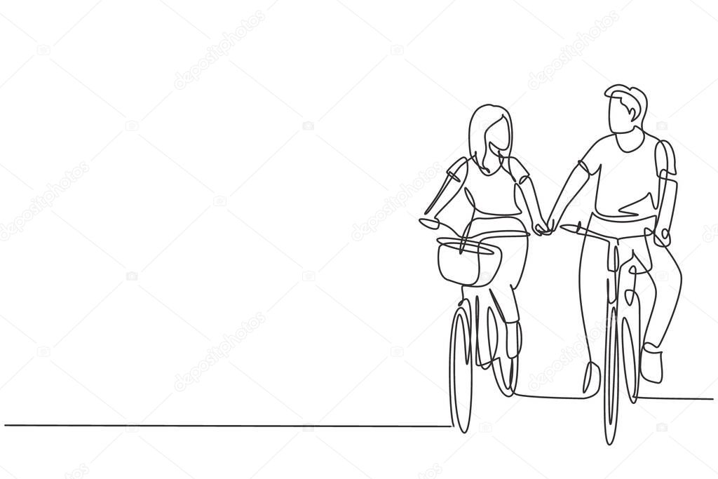 Continuous one line drawing happy couple cycling outdoors in summer. Romantic cycling couple holding hands. Togetherness of young husband and wife. Single line draw design vector graphic illustration