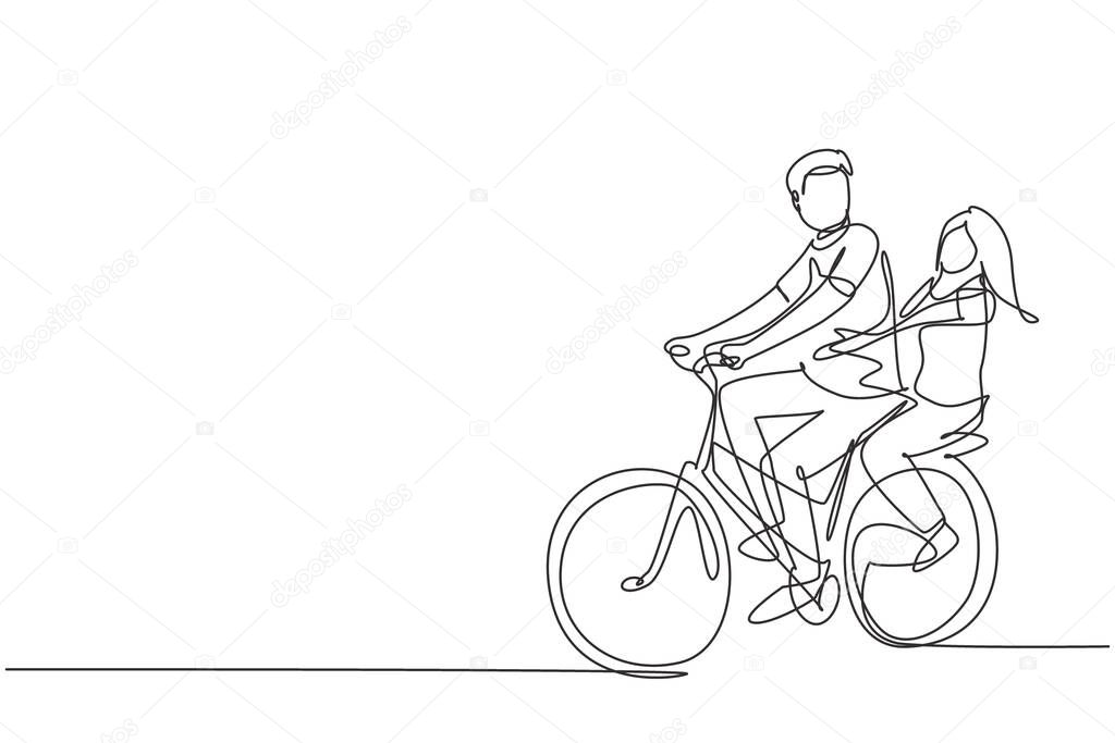 Single continuous line drawing couple have fun riding on bike. Romantic cycling couple holding hands. Togetherness of young husband and wife. Dynamic one line draw graphic design vector illustration