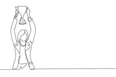 Single continuous line drawing young businesswoman wearing blazer holding up golden trophy with both hands. Symbol of achievement business performance. One line draw graphic design vector illustration