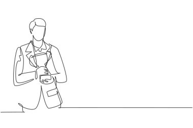 Single continuous line drawing young businessman wearing suit tie holding golden trophy with both hands. Symbol of achievement business performance. One line draw graphic design vector illustration