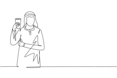 Single continuous line drawing portrait of happy young Arabian man holding glass of orange juice. Make him refreshing and enjoyment in summer season. One line draw graphic design vector illustration