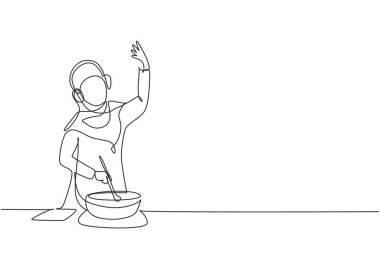 Single continuous line drawing young Arab woman cooking and listening to music in kitchen. Healthy food and lifestyle concept. Cooking at home. Prepare food in kitchen. Dynamic one line draw graphic