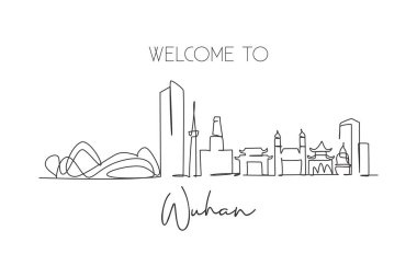 Single continuous line drawing Wuhan skyline, China. Asia famous city scraper landscape gallery. World travel home wall decor art poster print concept. Modern one line draw design vector illustration