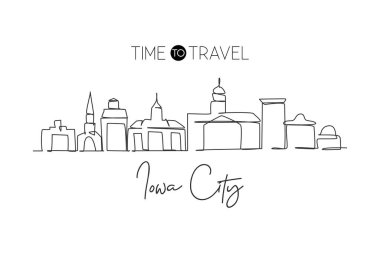 Single continuous line drawing Iowa City skyline. Famous city scraper landscape in United States. World travel home wall decor art poster print concept. Modern one line draw design vector illustration