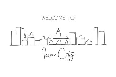 Continuous one line drawing Iowa City skyline. Beautiful landmark gallery artwork. World landscape tourism travel wall decor poster print art. Stylish single line draw design vector illustration