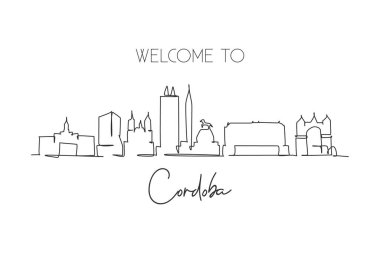 Single continuous line drawing Cordoba skyline, Argentina. Famous city scraper landscape. World travel home wall decor art poster print gallery concept. Modern one line draw design vector illustration