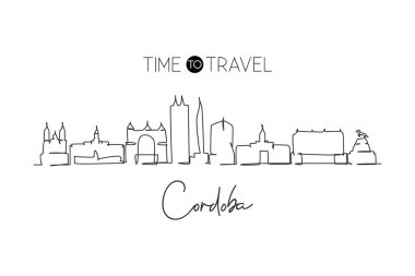 Single one line drawing Cordoba city skyline, Argentina. World historical town landscape. Best holiday destination postcard. Editable stroke trendy continuous line draw design vector illustration