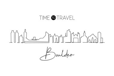 Single one line drawing Boulder city skyline, Colorado. World historical town landscape print. Best holiday destination postcard. Editable stroke trendy continuous line draw design vector illustration