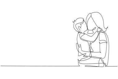 Continuous one line drawing sweet little boy is hugging and kissing his beautiful young mom in cheek while sitting on bed at home. Mothers day. Single line draw design vector graphic illustration