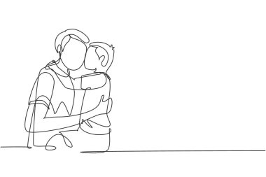 Single one line drawing sweet little boy is hugging and kissing his handsome daddy in cheek while sitting on bed at home. Fathers day. Modern continuous line draw design graphic vector illustration