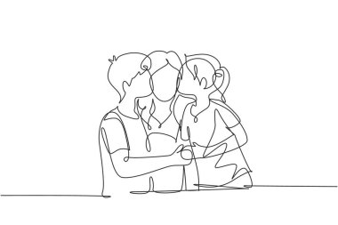 Single one line drawing portrait of children kissing their mother. Mothers day concept. Family holiday. Love of children with their mother. Continuous line draw design graphic vector illustration