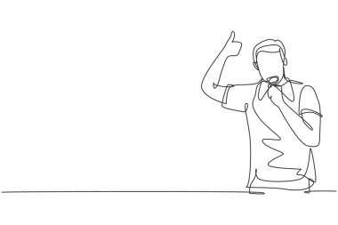 Single one line drawing young man wearing jersey biting his medal after winning world sports competition. Unforgettable moment of victory. Continuous line draw design graphic vector illustration