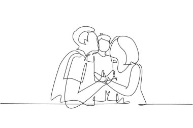 Continuous one line drawing parents kissing their little boy on his cheeks. Adorable child with an innocent expression. National children's day. Single line draw design vector graphic illustration