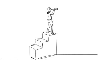 Single continuous line drawing vision concept in business of businesswoman and telescope, monocular. Symbol leadership, strategy, mission, objectives. One line draw graphic design vector illustration