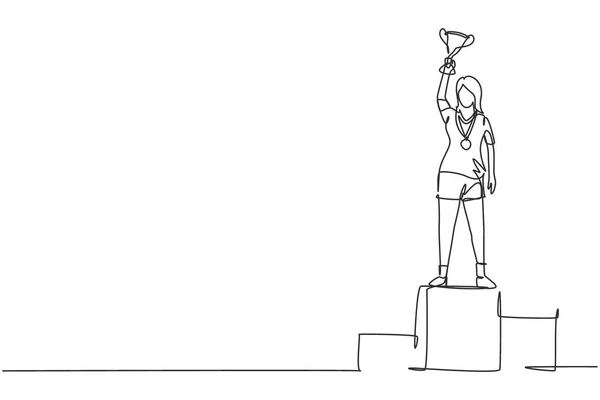 Single One Line Drawing Female Athlete Wearing Sports Jersey Lifting — Stok Vektör