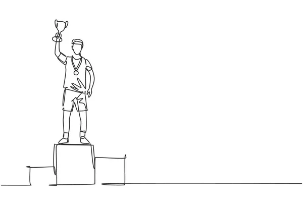 Single Continuous Line Drawing Male Athlete Wearing Sports Jersey Lifting — Stok Vektör