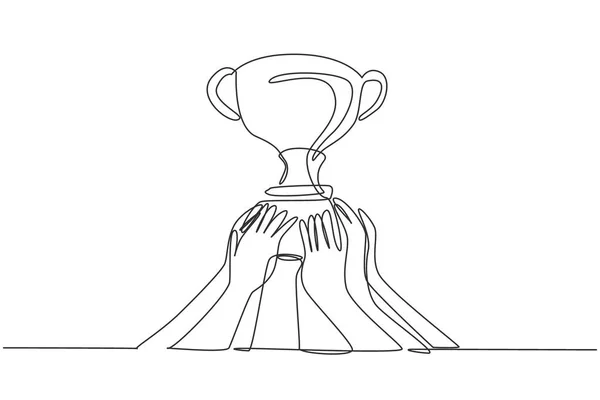 Continuous One Line Drawing Golden Trophy Held Many Hands Symbol — Image vectorielle