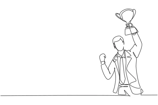 Single Continuous Line Drawing Young Businessman Holding Golden Trophy One — Image vectorielle