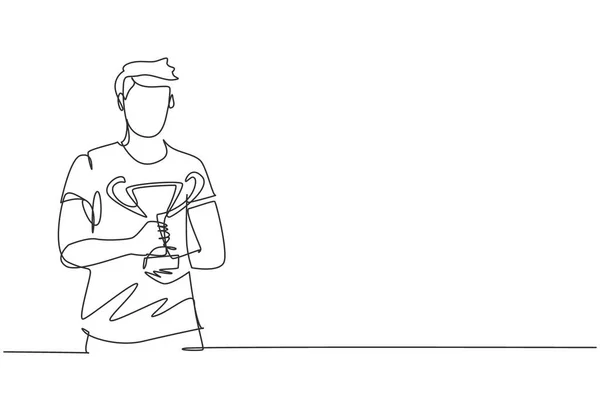 单行画的男选手身穿运动衫 双手拿着金杯 庆祝国家竞争的胜利 连续线条绘图设计图形矢量插图 — 图库矢量图片