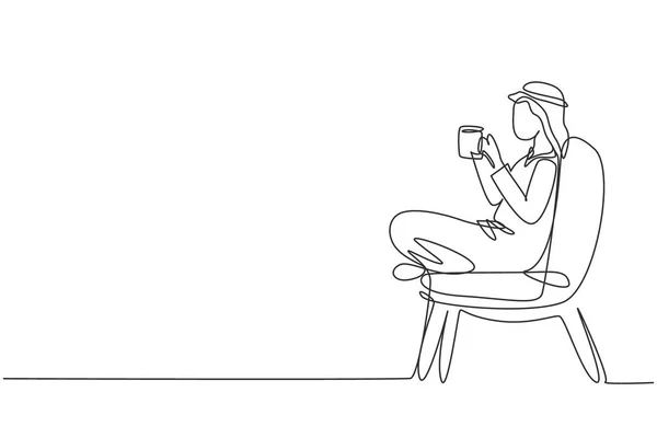 Single Continuous Line Drawing Tea Time Relaxed Arabian Boy Sitting - Stok Vektor