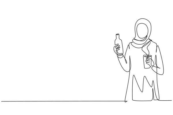 Continuous One Line Drawing Young Arabian Woman Holding Bottle One — Vector de stock