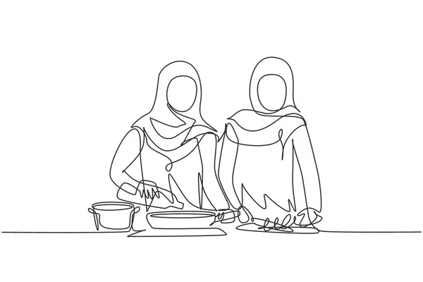 Continuous One Line Drawing Two Arabian Woman Pouring Cooking Oil — Vector de stock